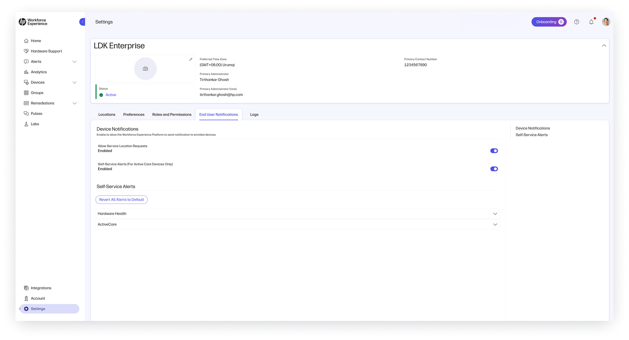 End User Notifications Settings